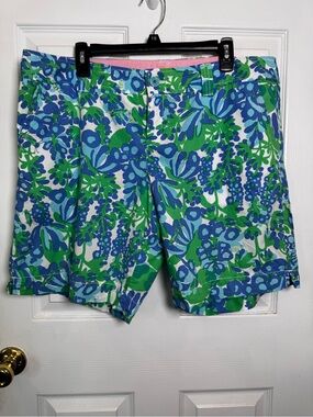 Lilly Pulitzer Floral Bee Print Cotton Shorts Size 16 Blue Green Preppy
